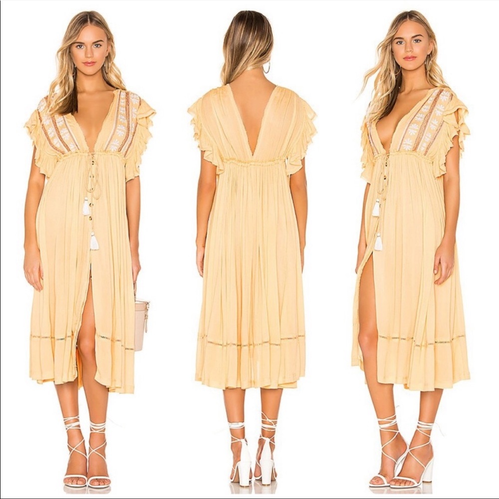 NWT-Free People Boho Dreams Deep V Embroidered Creamy Buttercup Midi Dress